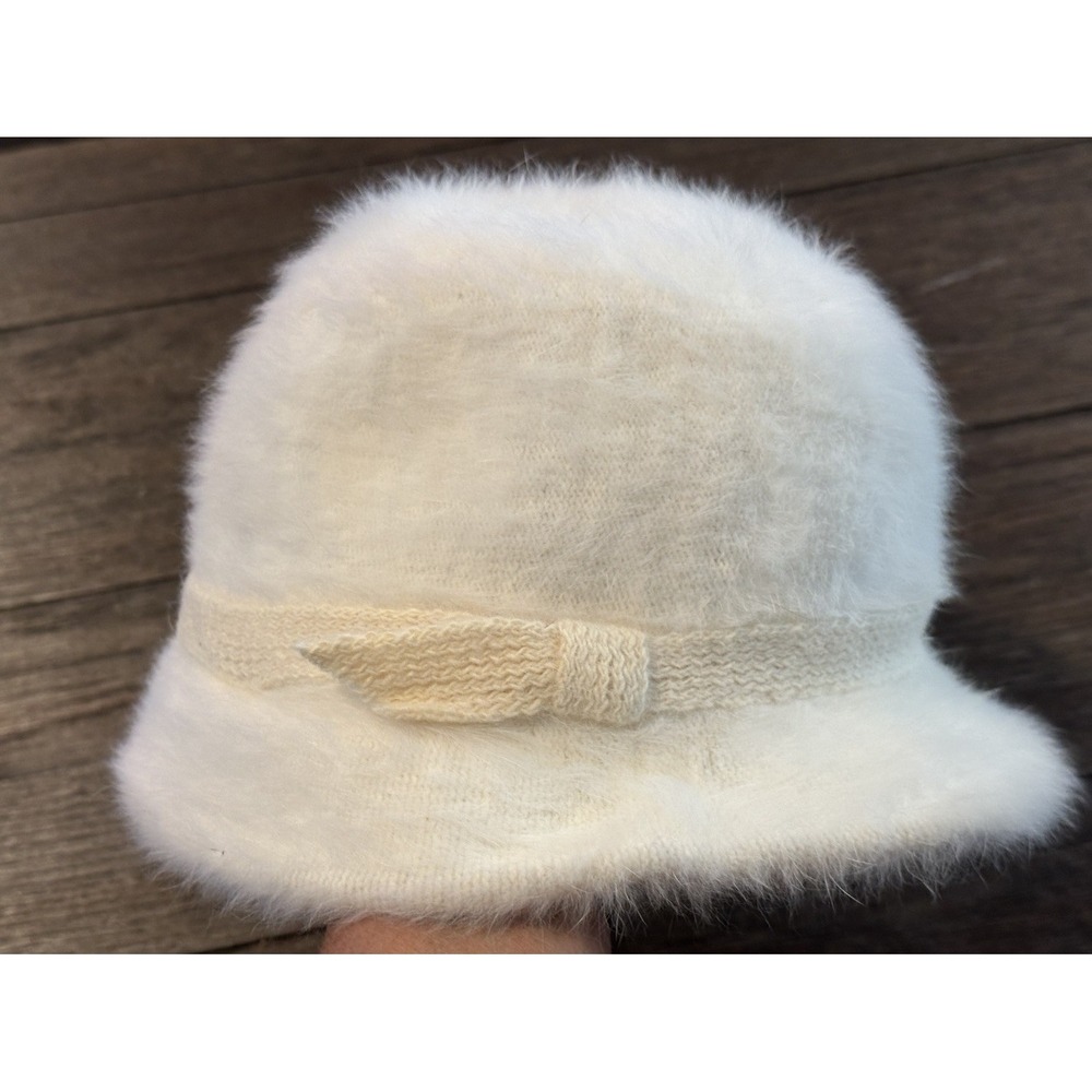 Vintage Betmar Cloche white fur furry had hat made in France lined elastic band
